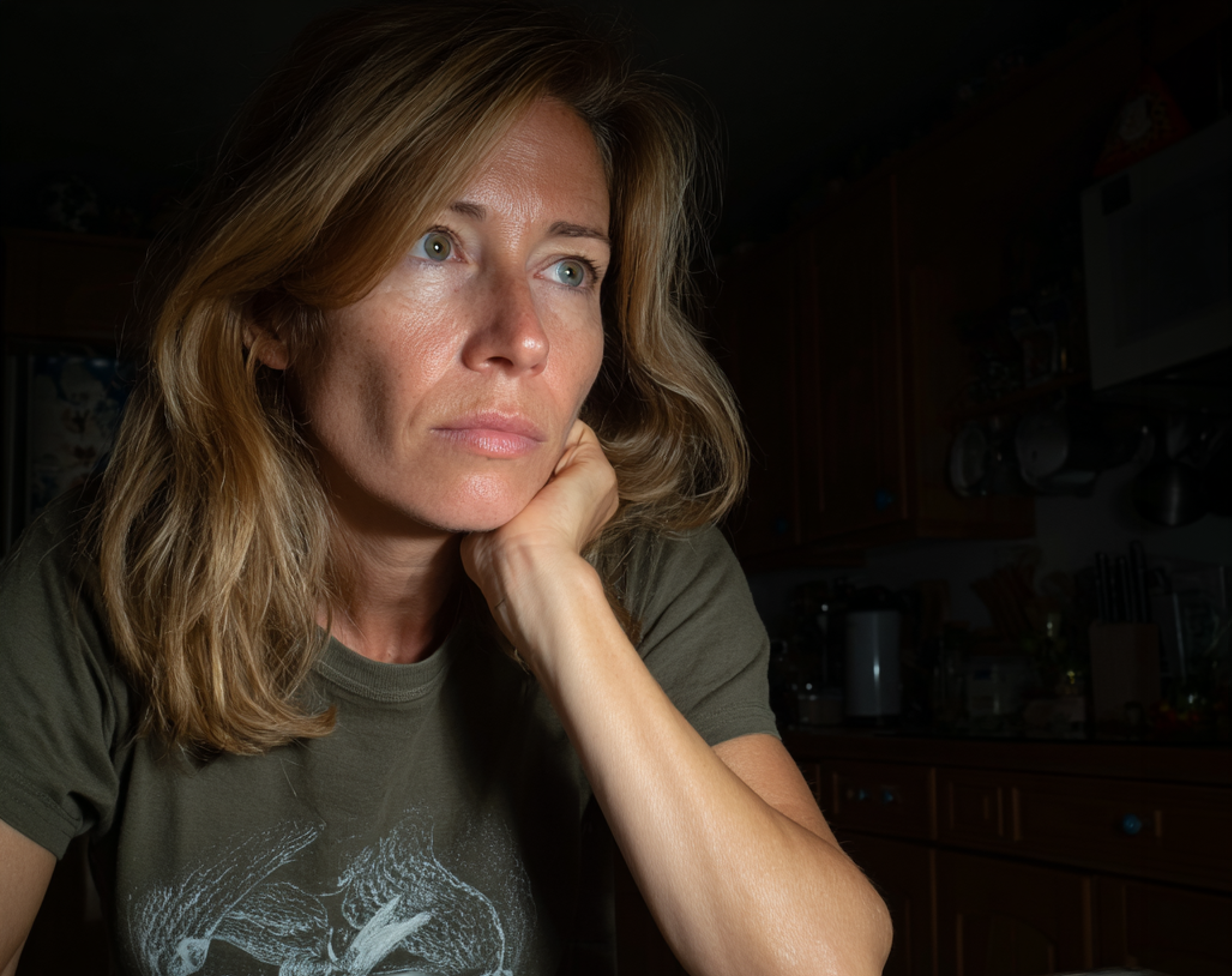 Una mujer pensativa sentada a una mesa | Fuente: Midjourney