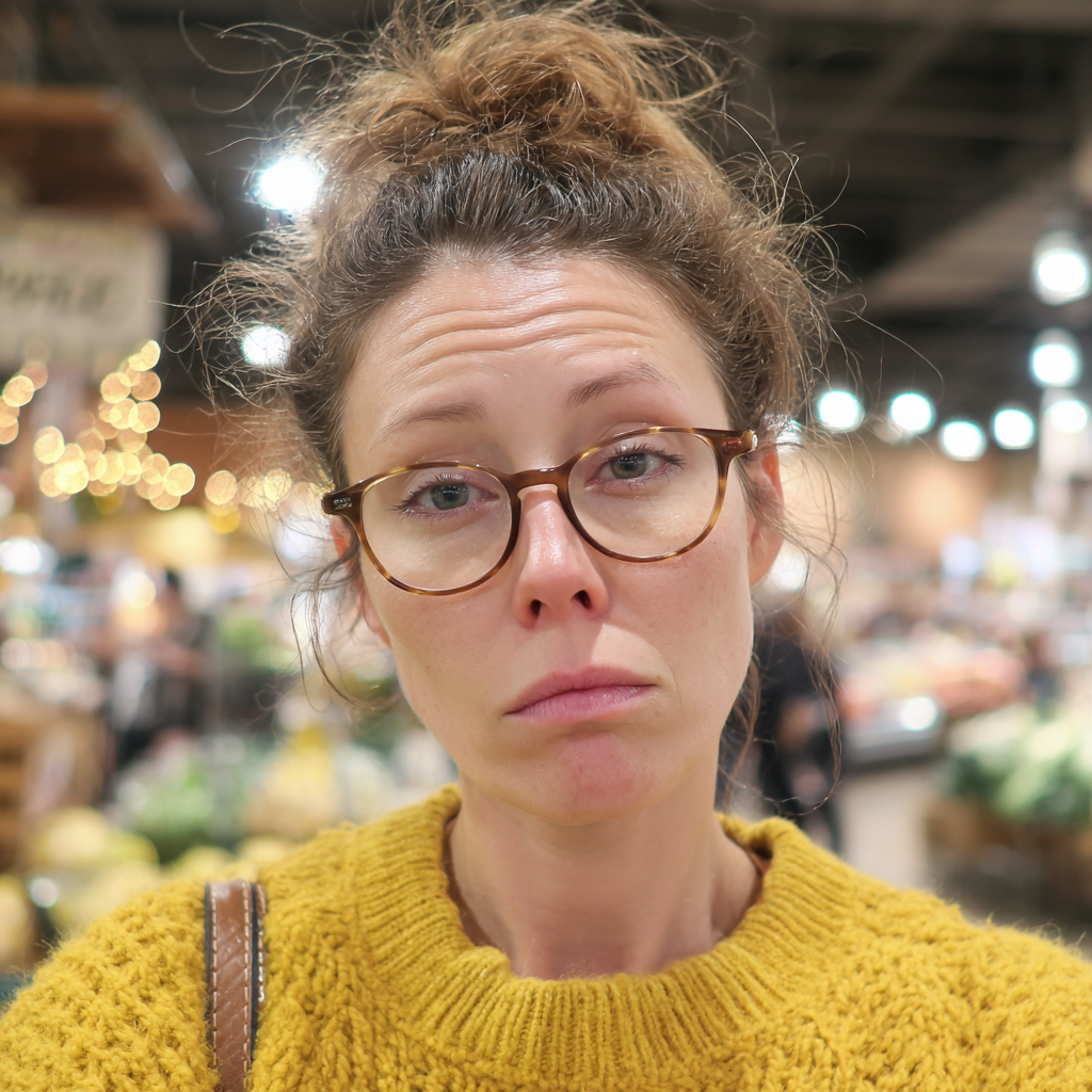 Una mujer cansada de pie en una tienda de comestibles | Fuente: Midjourney