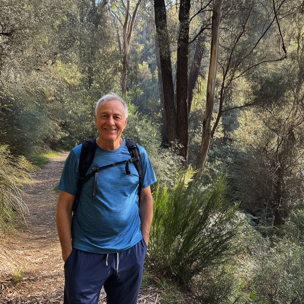 Un anciano sonriente durante una excursión | Fuente: Midjourney