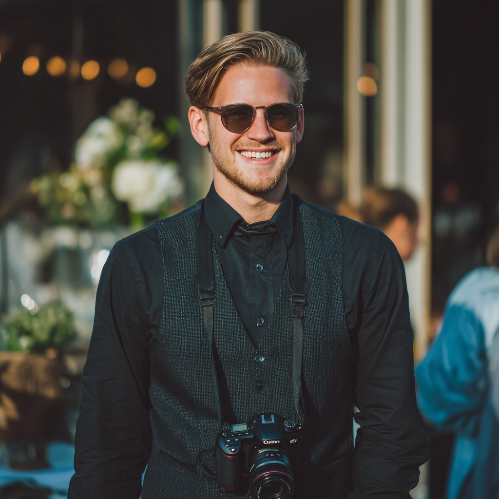 Un fotógrafo de bodas sonriente | Fuente: Midjourney