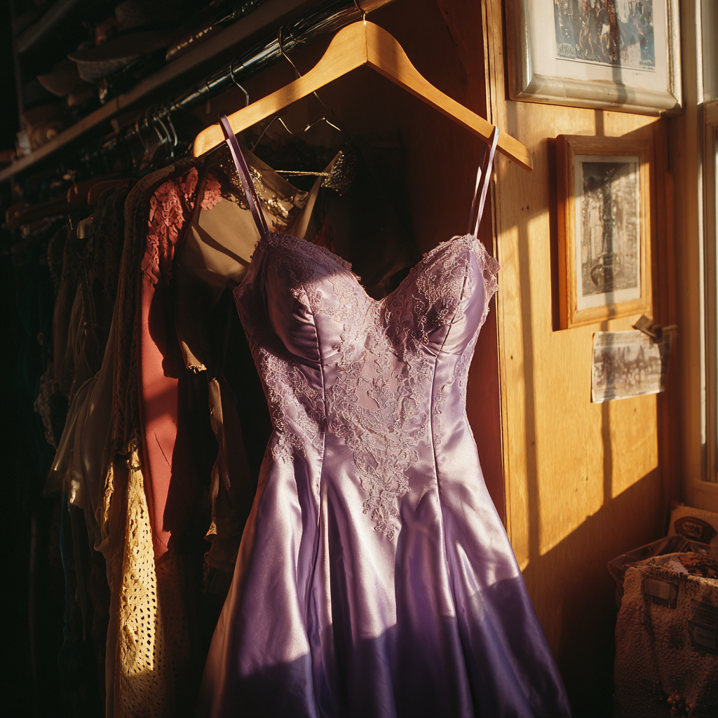 Un vestido de graduación colgado en un armario | Fuente: Midjourney