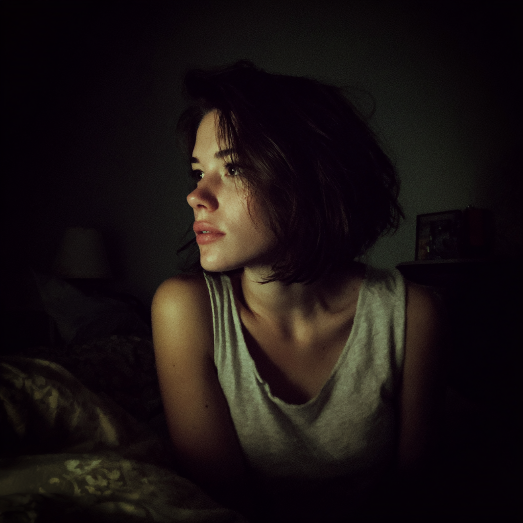 Una mujer pensativa sentada en una cama | Fuente: Midjourney