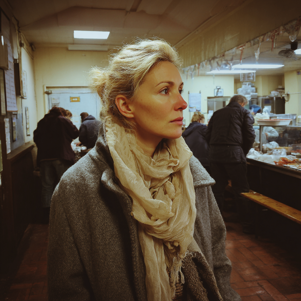 Vista lateral de una mujer con abrigo y bufanda grises | Fuente: Midjourney