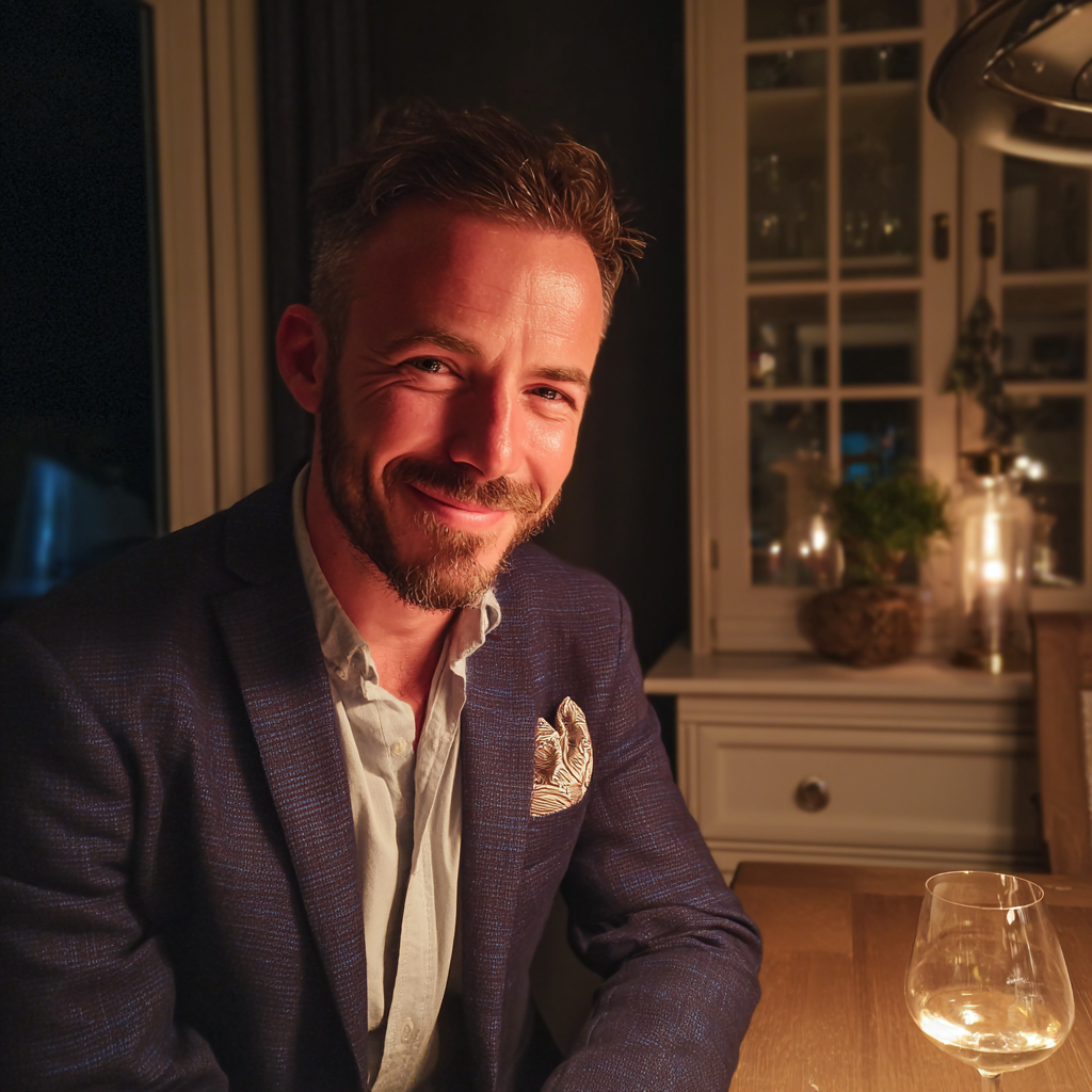 Un hombre sonriente sentado a la mesa del comedor | Fuente: Midjourney