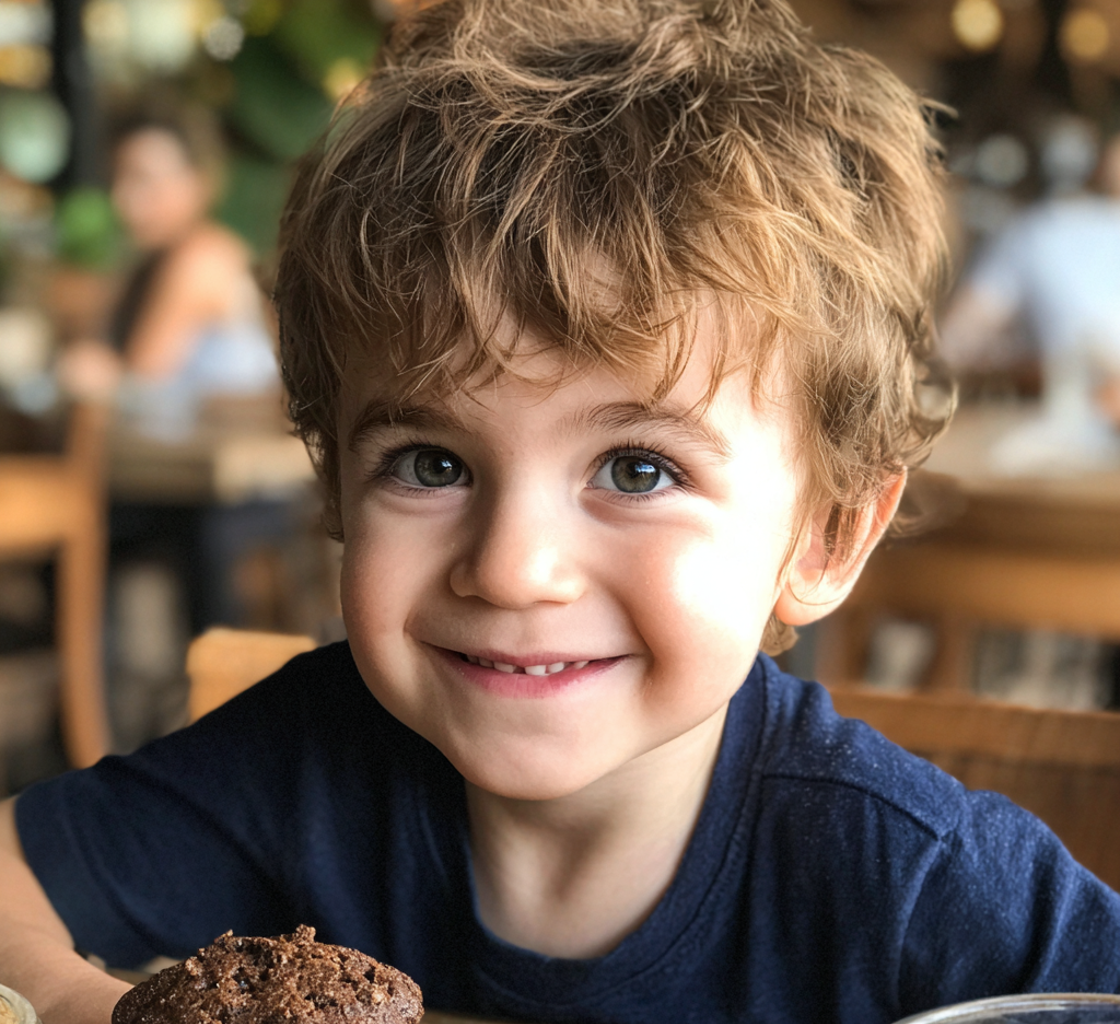 Un niño sonriente sentado en una cafetería | Fuente: Midjourney