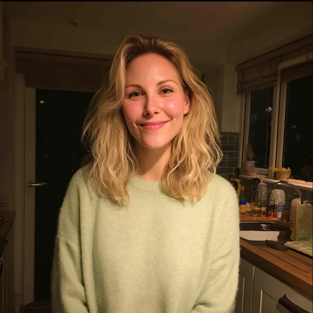 Una mujer sonriente de pie en una cocina | Fuente: Midjourney