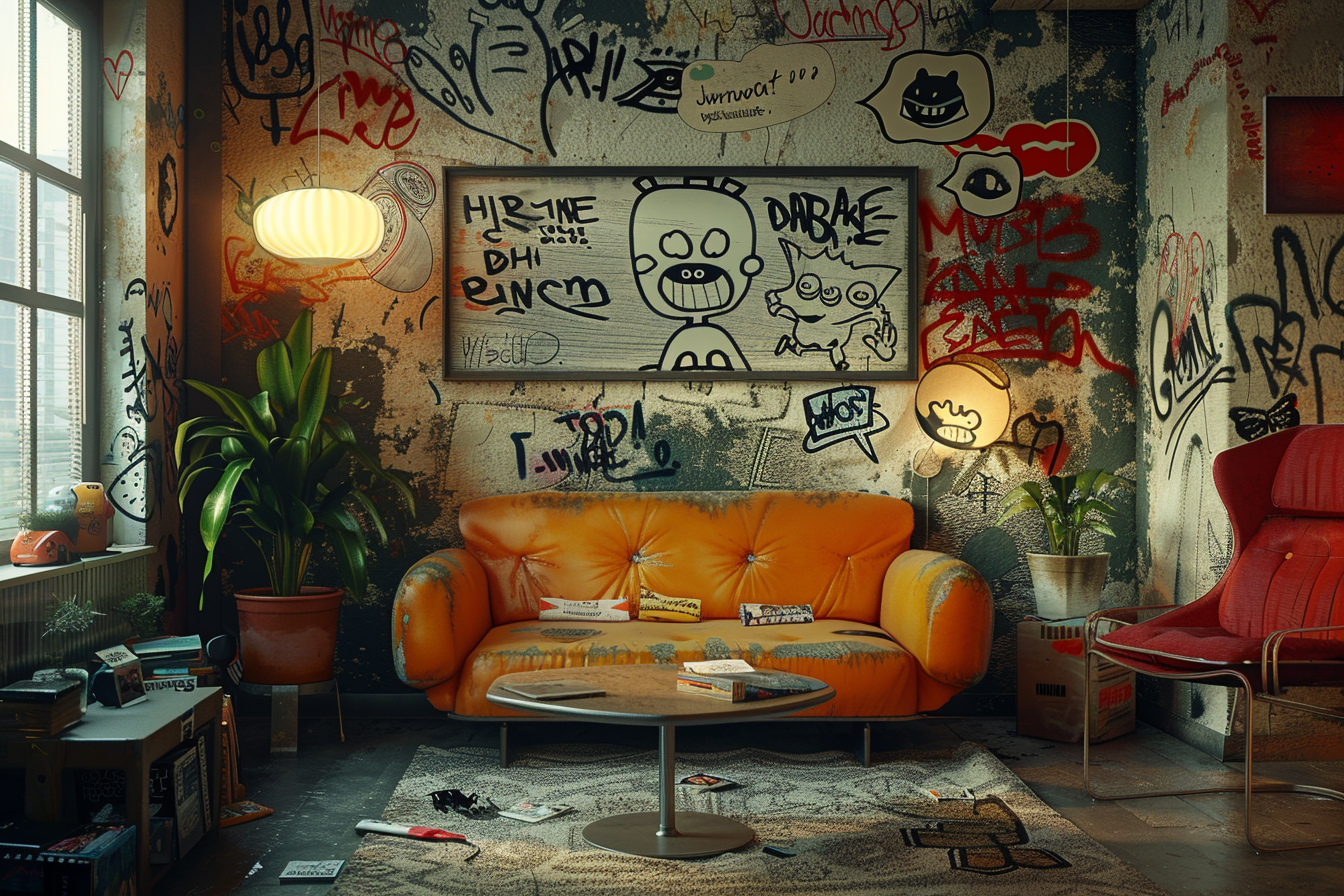 Papel tapiz de dibujos animados de aspecto gracioso pegado en la pared del salón | Fuente: Midjourney
