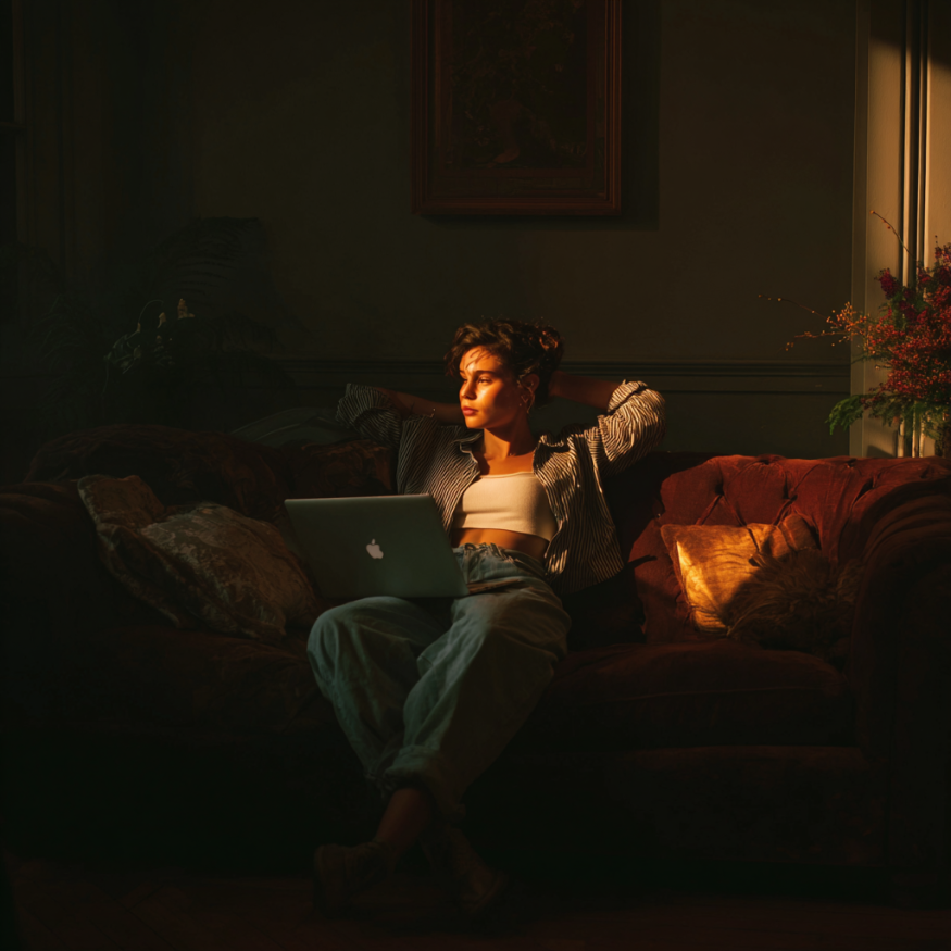 Una mujer en un sofá con un ordenador portátil | Fuente: Midjourney