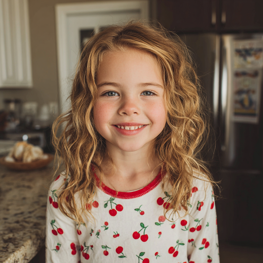 Una niña sonriente en pijama | Fuente: Midjourney