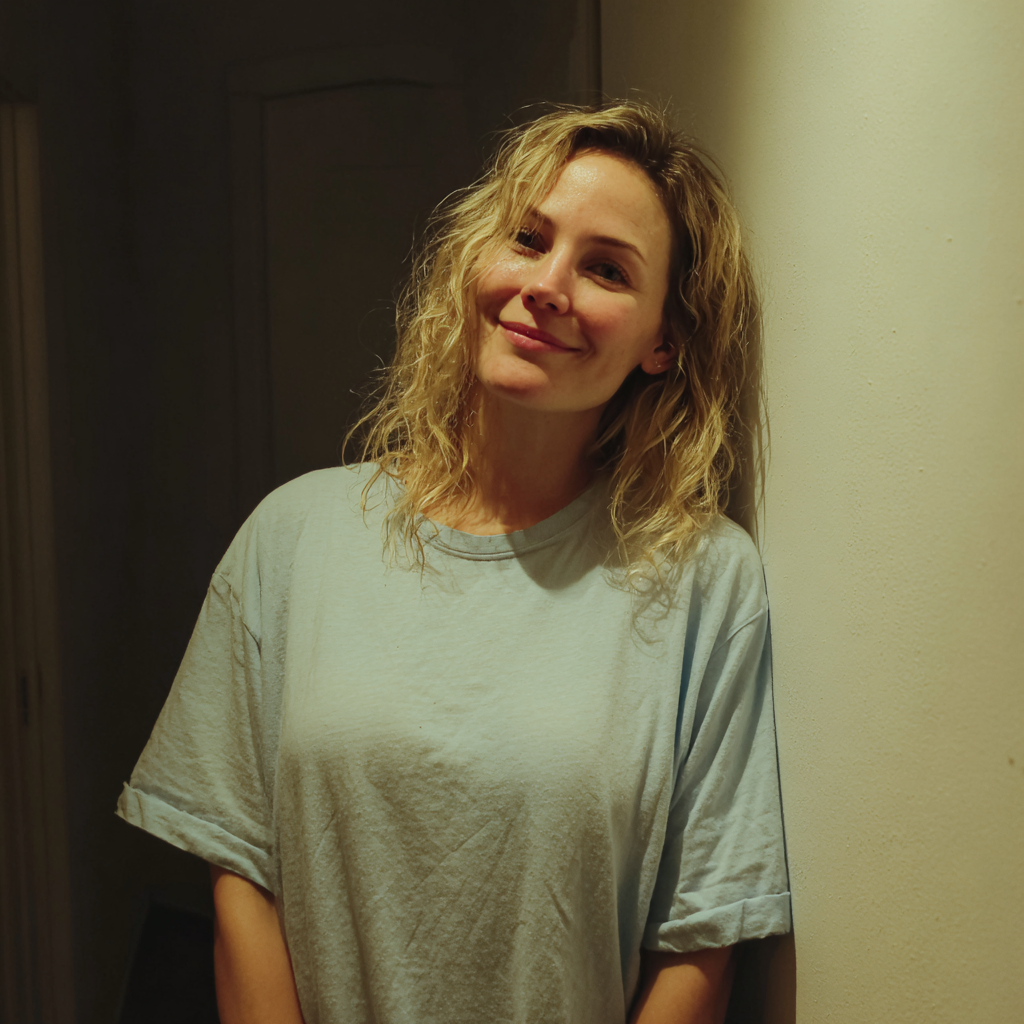 Una mujer sonriente apoyada en una pared | Fuente: Midjourney