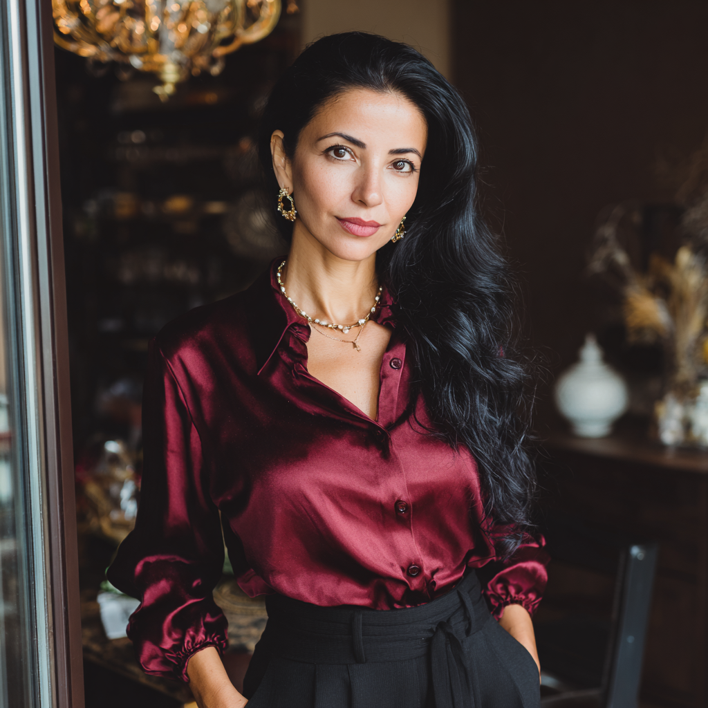 Una mujer pensativa de pie en una boutique | Fuente: Midjourney