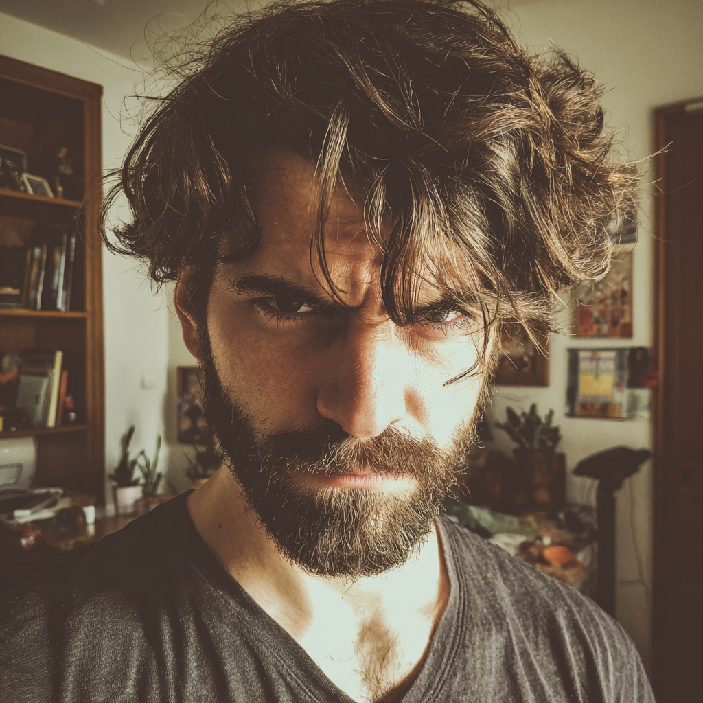 Un hombre alterado de pie en una sala de estar | Fuente: Midjourney