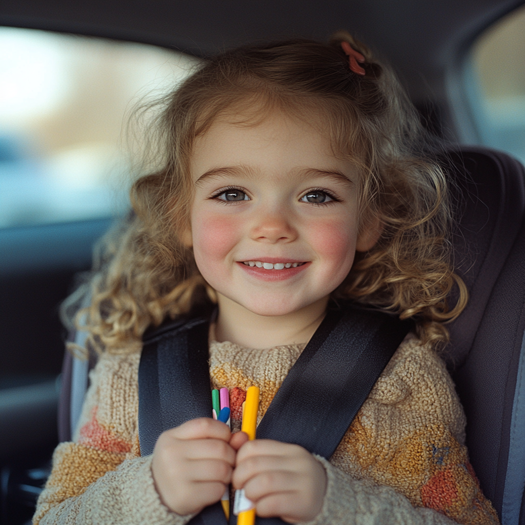 Una niña feliz en el asiento trasero de un automóvil | Fuente: Midjourney