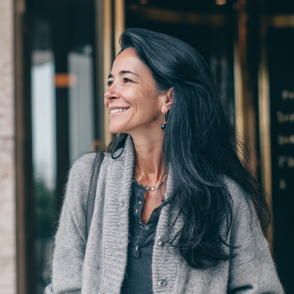 Una bella mujer sonriente con una larga melena negra | Fuente: Midjourney