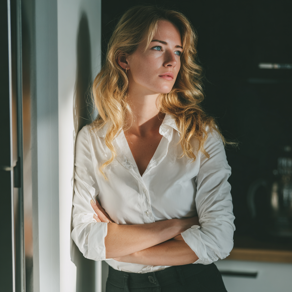 Una mujer apoyada en una pared | Fuente: Midjourney