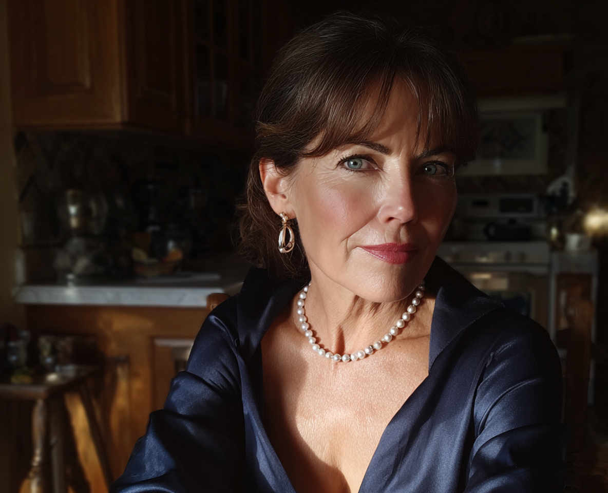 Una mujer mayor engreída con un collar de perlas | Fuente: Midjourney