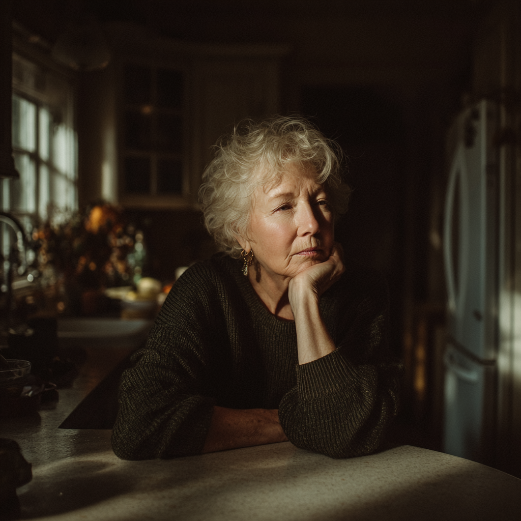 Una anciana apoyada en la encimera de la cocina | Fuente: Midjourney