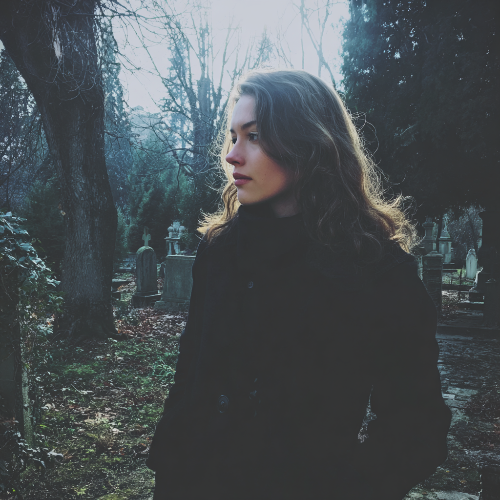 Una mujer de pie en un cementerio | Fuente: Midjourney