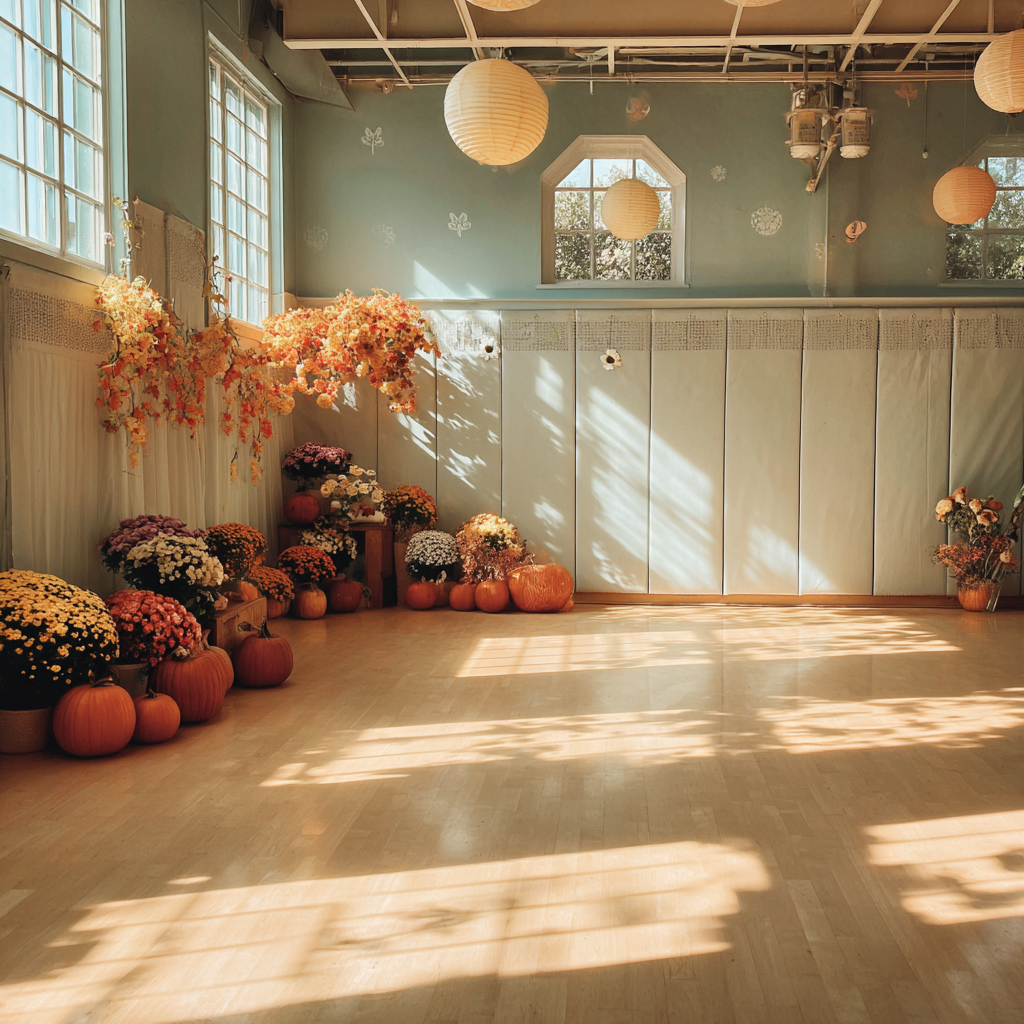 Un gimnasio escolar decorado para el otoño | Fuente: Midjourney