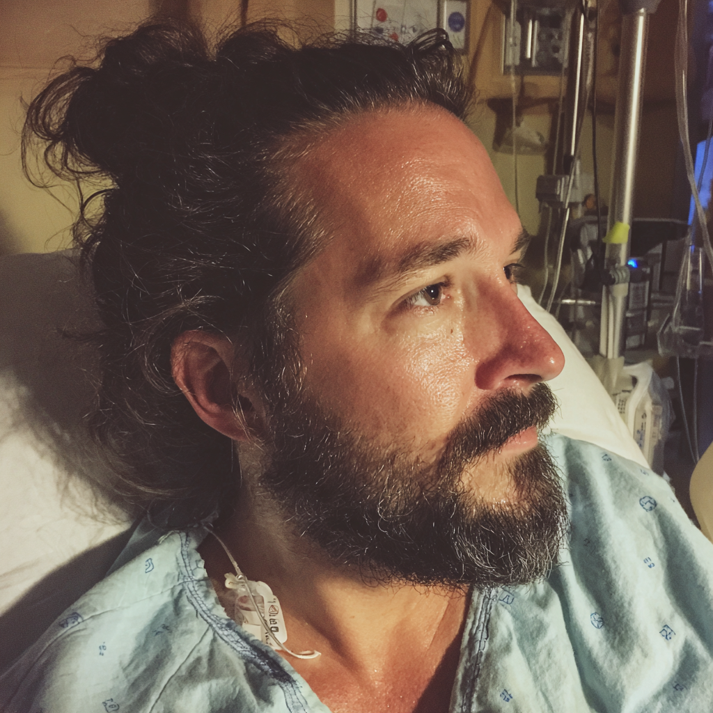 Primer plano de un hombre sentado en una cama de hospital | Fuente: Midjourney