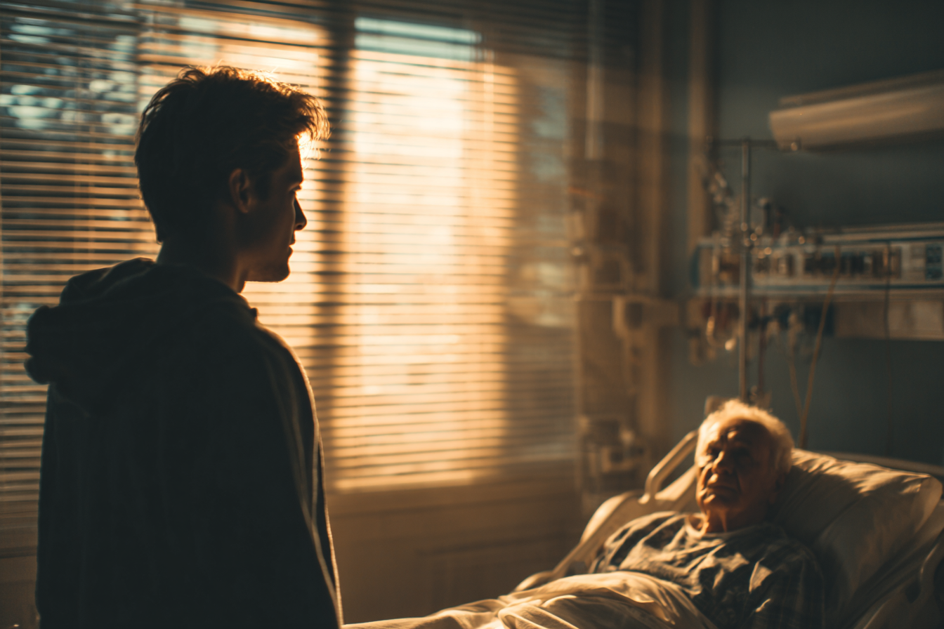 Un hombre visita a su abuelo en el hospital | Fuente: Midjourney