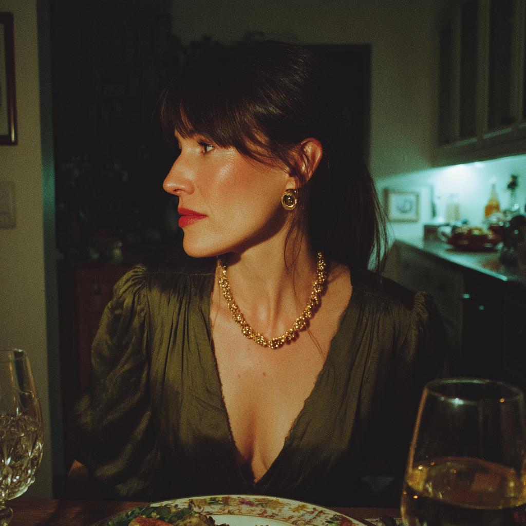 Una mujer sentada a la mesa del comedor | Fuente: Midjourney