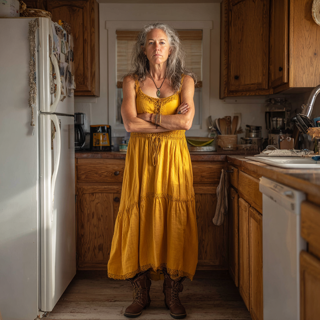 Una mujer malhumorada de pie en una cocina | Fuente: Midjourney