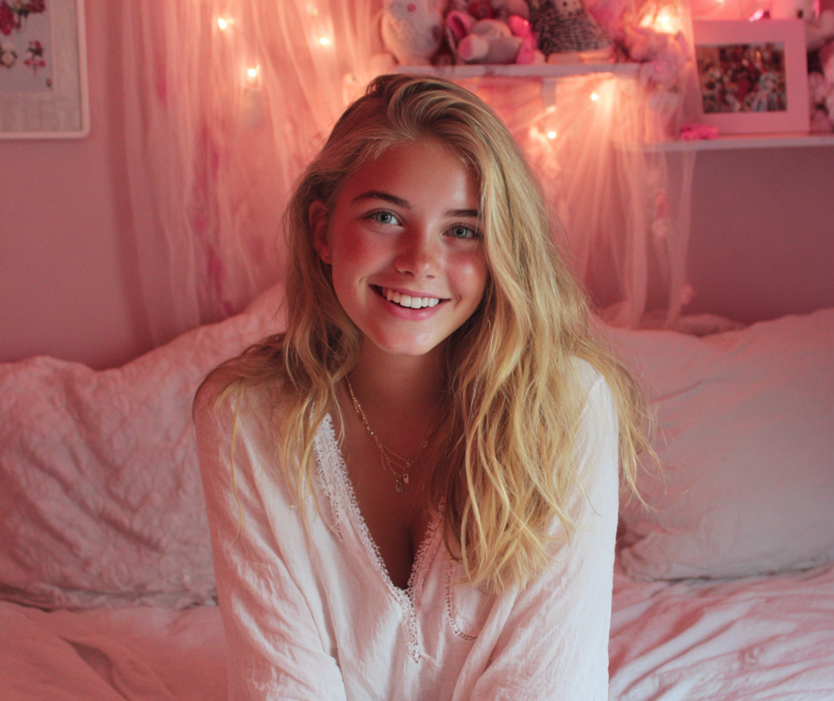Una niña sonriente sentada en su cama | Fuente: Midjourney