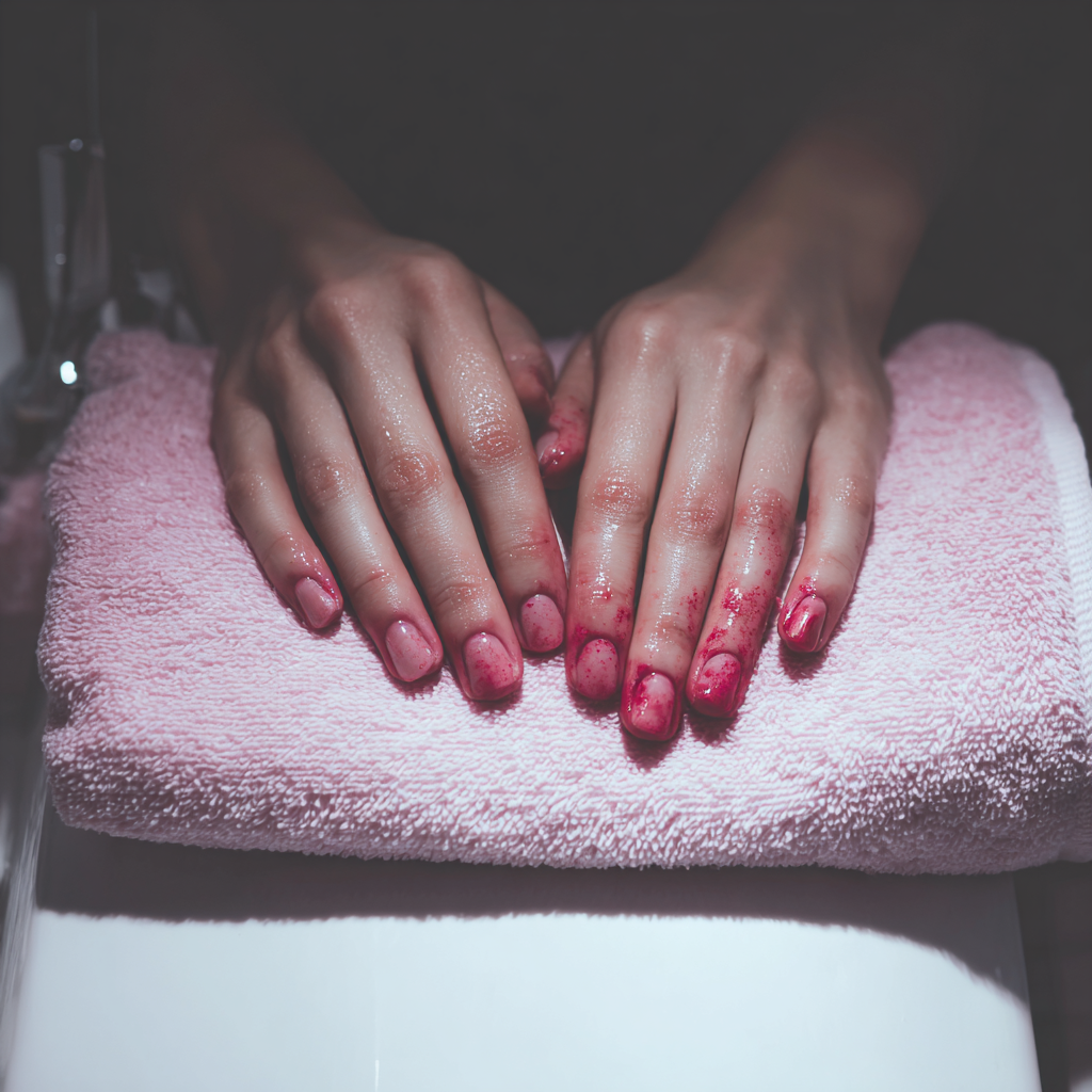 Una mujer con las manos manchadas de sangre en un salón de manicura | Fuente: Midjourney