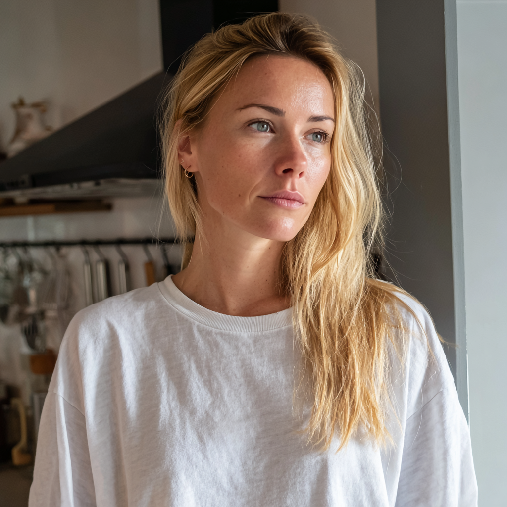 Una mujer preocupada de pie en una cocina | Fuente: Midjourney