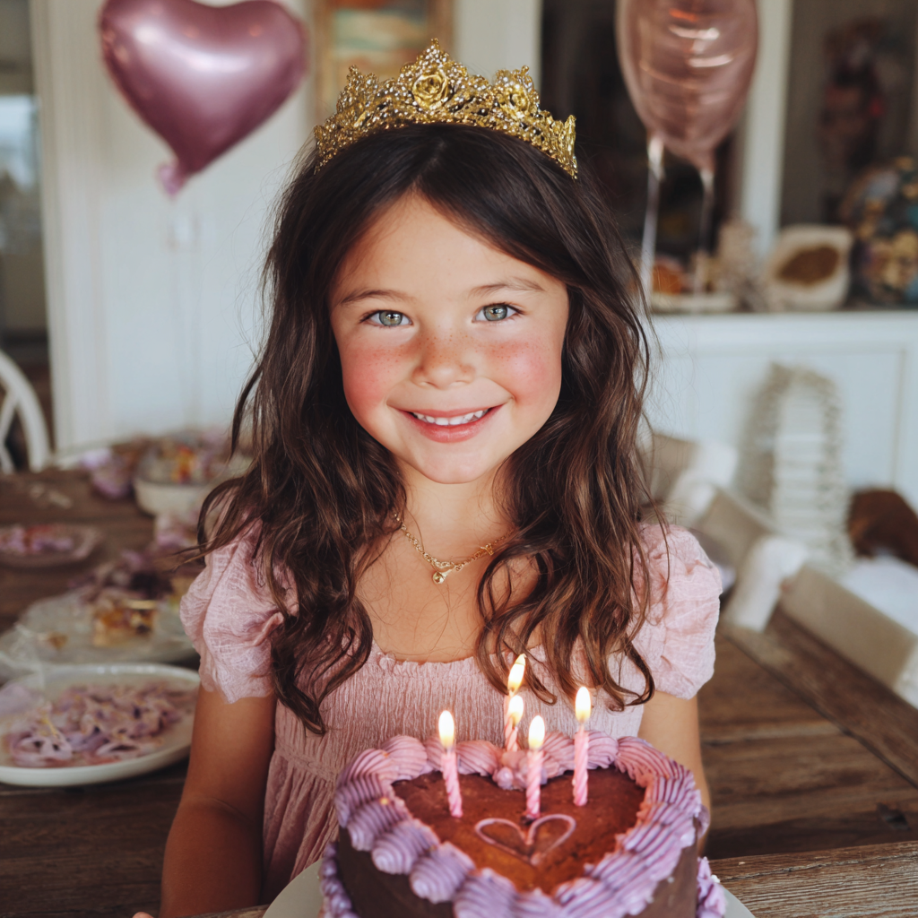 Una niña sonriente delante de un pastel de cumpleaños | Fuente: Midjourney