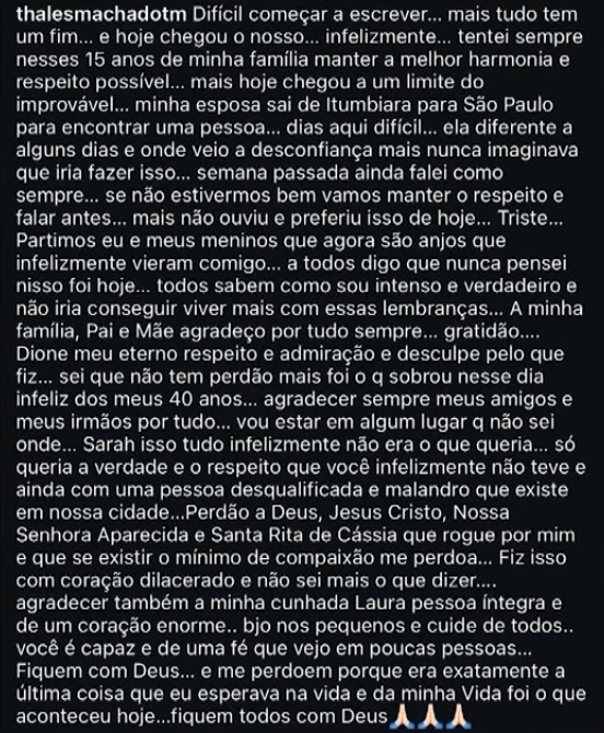 Carta de despedida escrita por Thales Machado dirigida a su esposa y a su familia que luego fue eliminada | Fuente: YouTube/Record Goiás