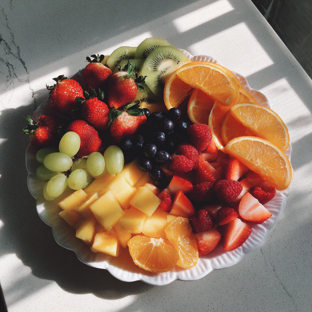 Una bandeja de fruta recién cortada | Fuente: Midjourney