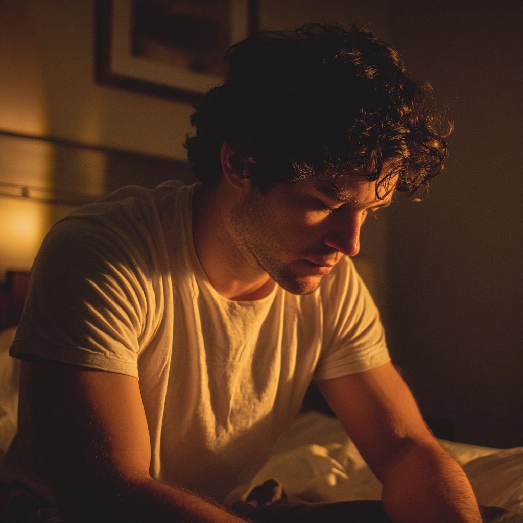 Un hombre alterado sentado en una cama | Fuente: Midjourney
