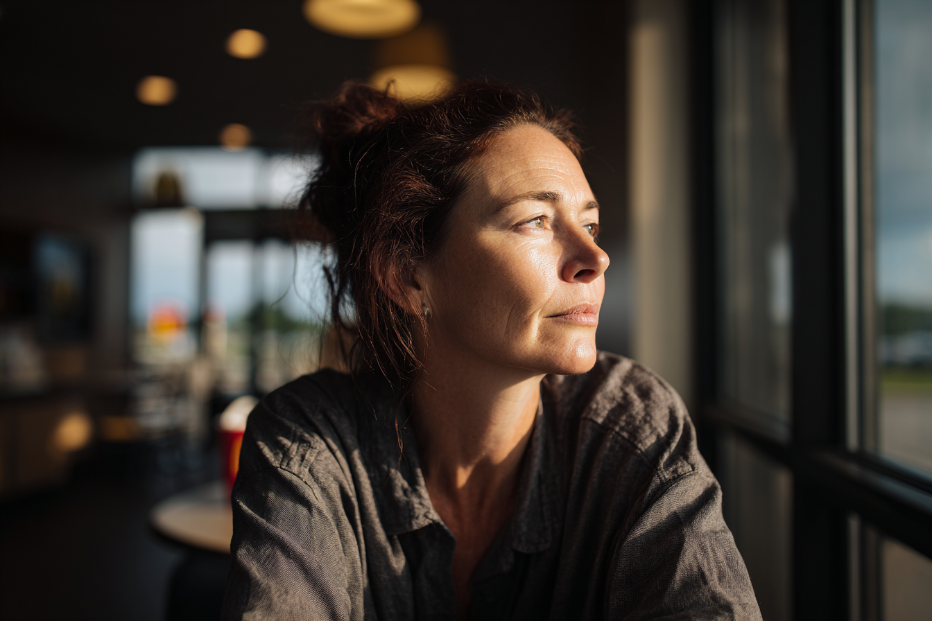 Una mujer sentada a la mesa | Fuente: Midjourney