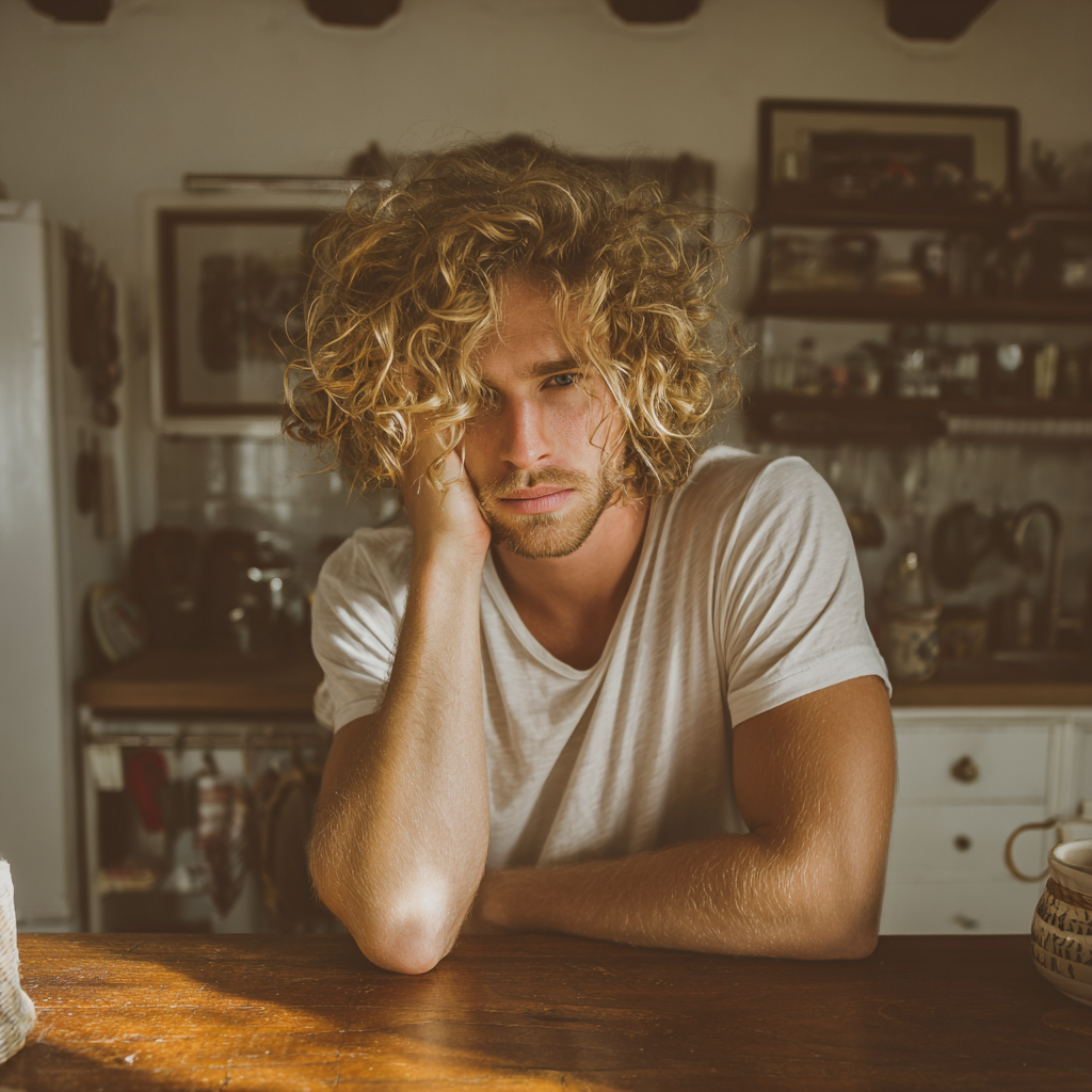 Un hombre sentado en la encimera de la cocina | Fuente: Midjourney