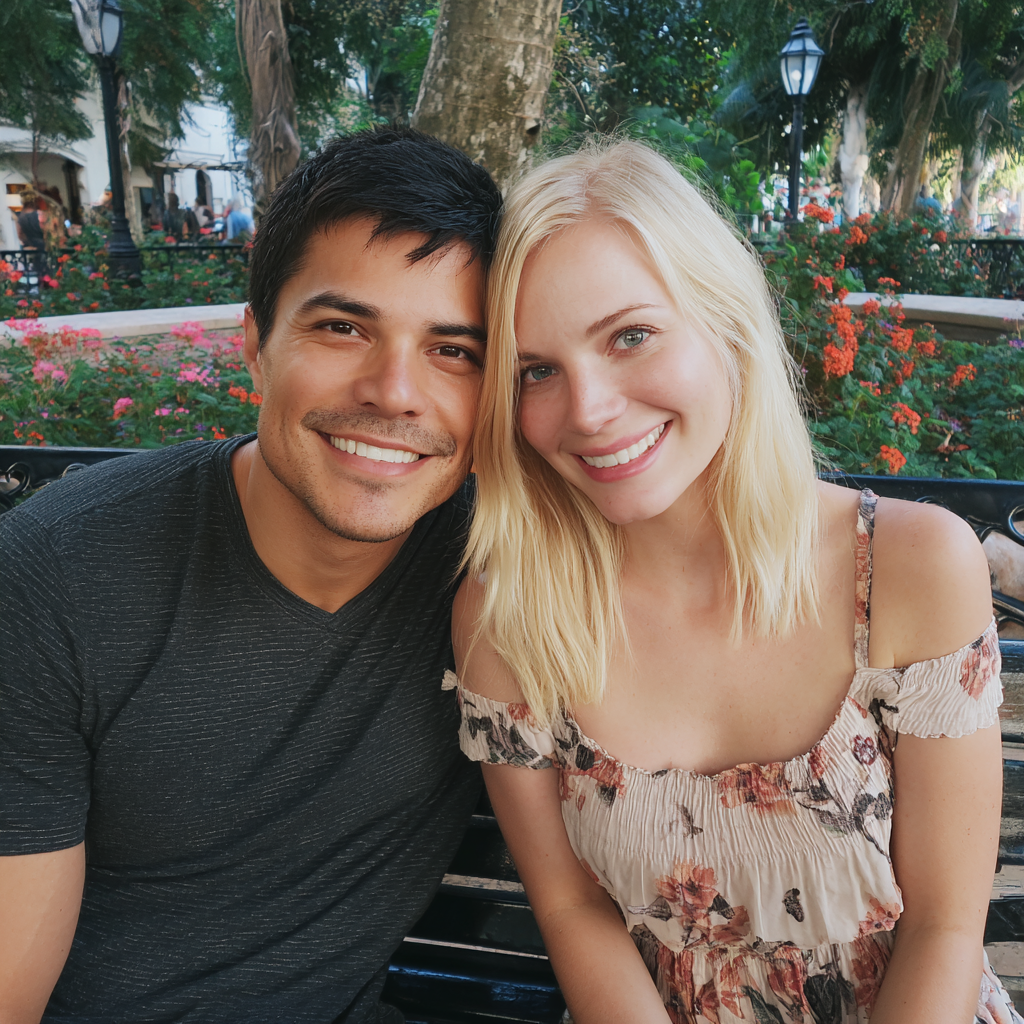 Una pareja sonriente sentada junta en un banco | Fuente: Midjourney