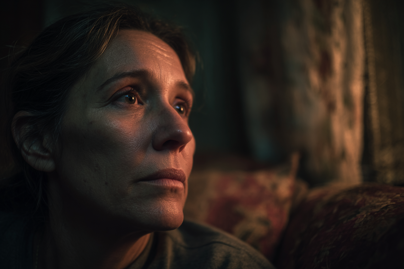 Una mujer sentada en un sofá | Fuente: Midjourney