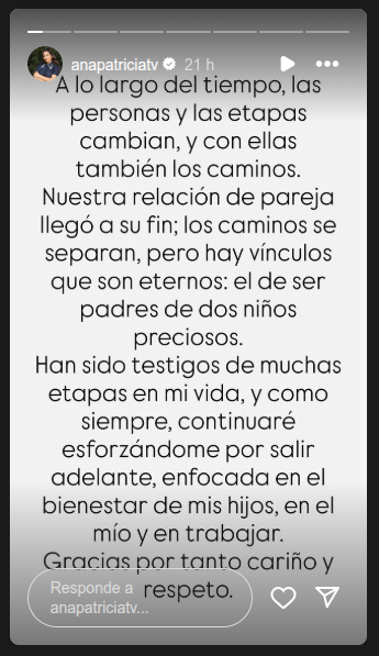 Comunicado de Ana Patricia Gámez sobre su separación de su esposo, Luis Carlos Martínez | Fuente: Instagram Stories/anapatriciatv