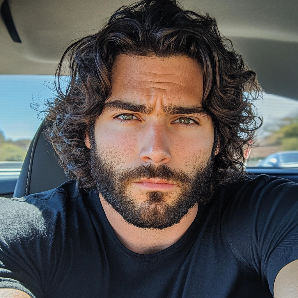 Un hombre con el ceño fruncido sentado en un automóvil | Fuente: Midjourney