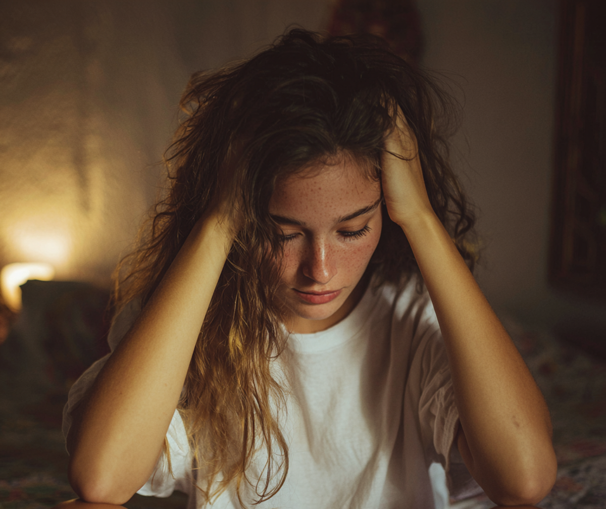 Una mujer frustrada con las manos en el pelo | Fuente: Midjourney