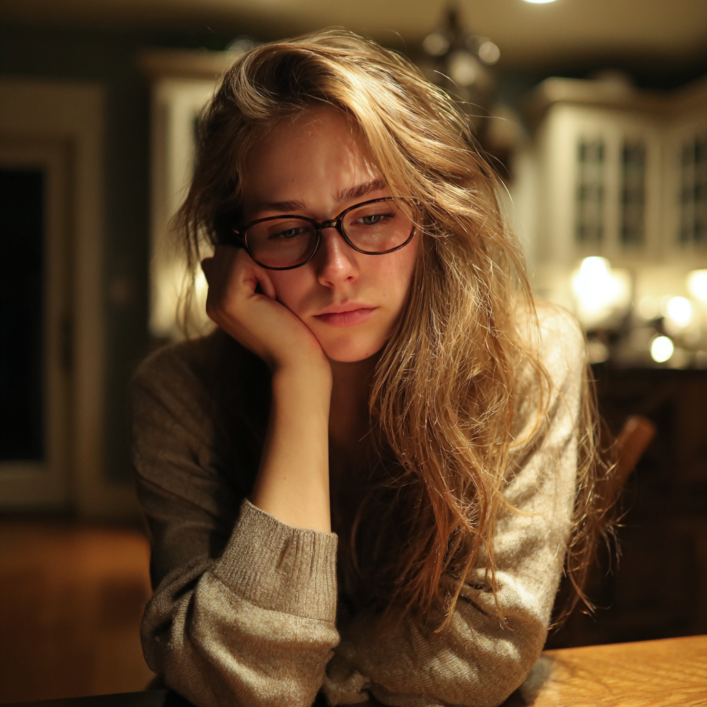 Una mujer pensativa sentada a una mesa | Fuente: Midjourney