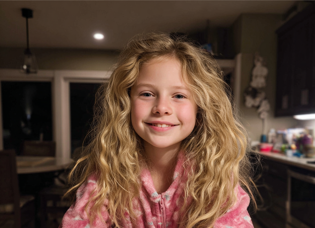 Una niña sonriente apoyada en un mostrador | Fuente: Midjourney