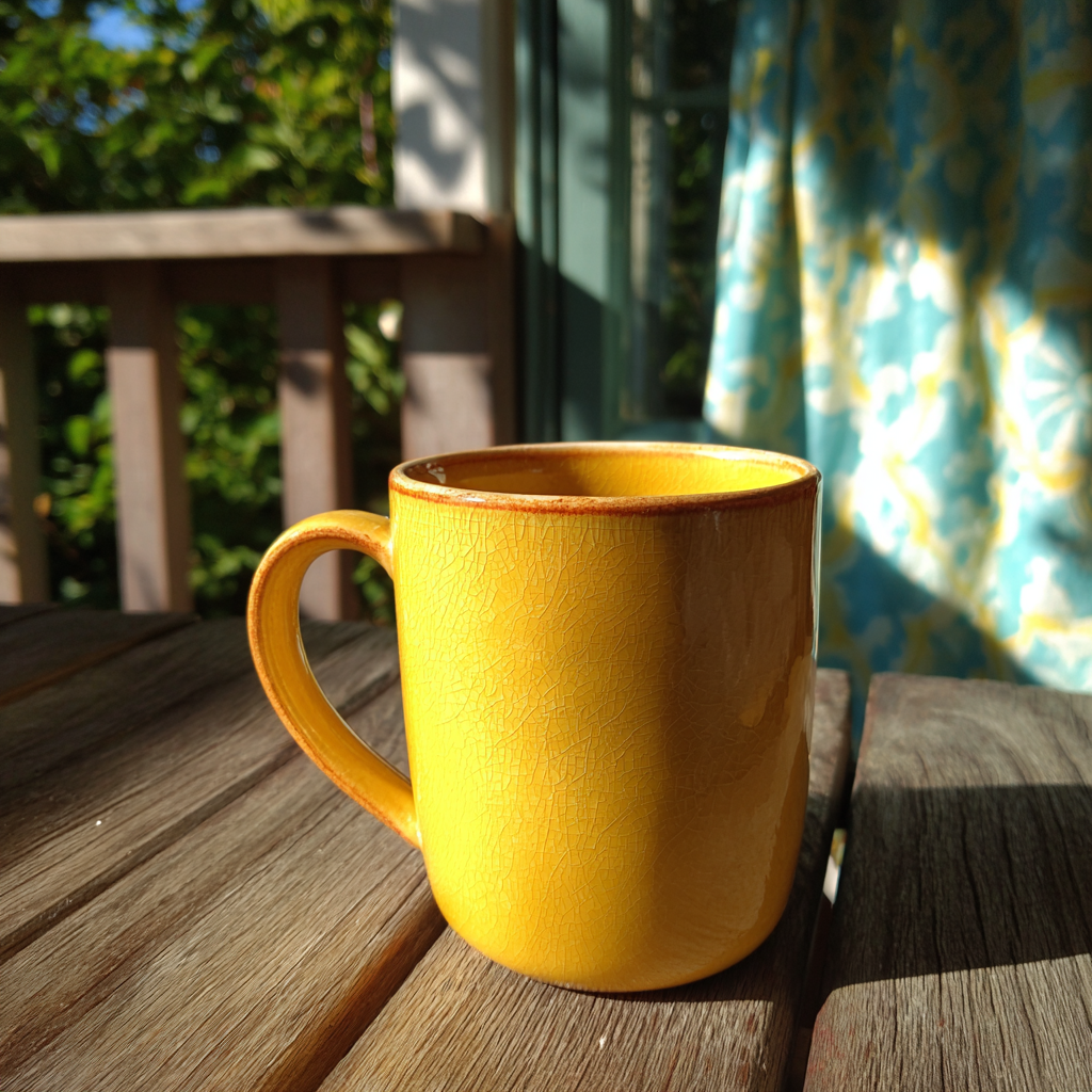 Una taza amarilla en la mesa del porche | Fuente: Midjourney