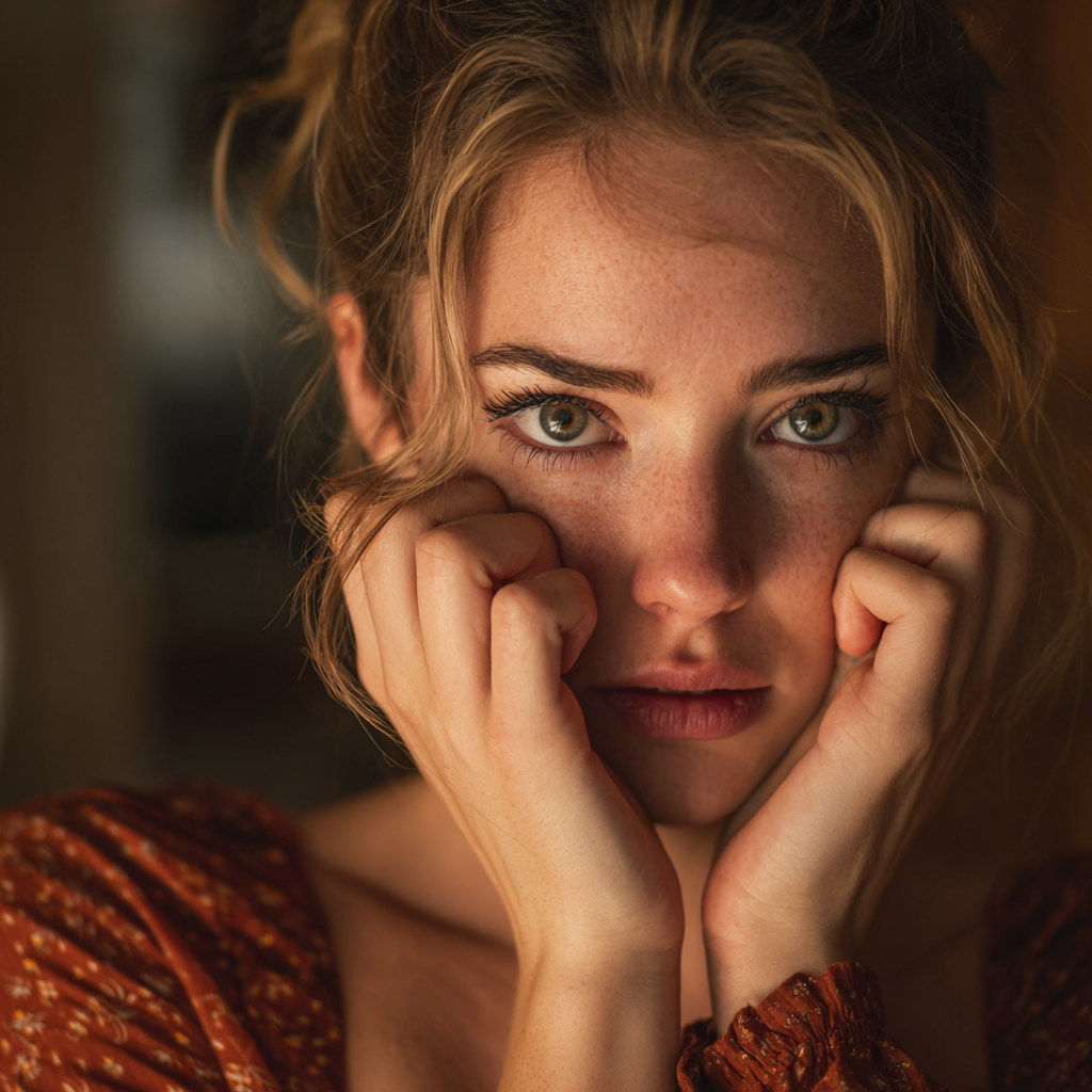 Una mujer angustiada y ensimismada | Fuente: Midjourney
