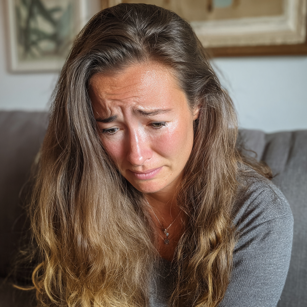 Una mujer llorando sentada en un sofá | Fuente: Midjourney