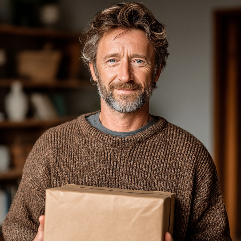 Un hombre feliz sosteniendo un regalo | Fuente: Midjourney