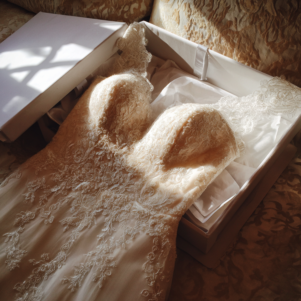 Un vestido de novia sobre una caja | Fuente: Midjourney