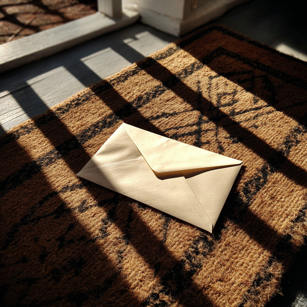 Un sobre en una alfombra de bienvenida | Fuente: Midjourney