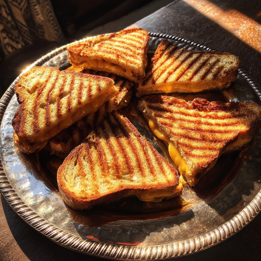 Trozos de sándwiches de queso a la plancha en un plato | Fuente: Midjourney